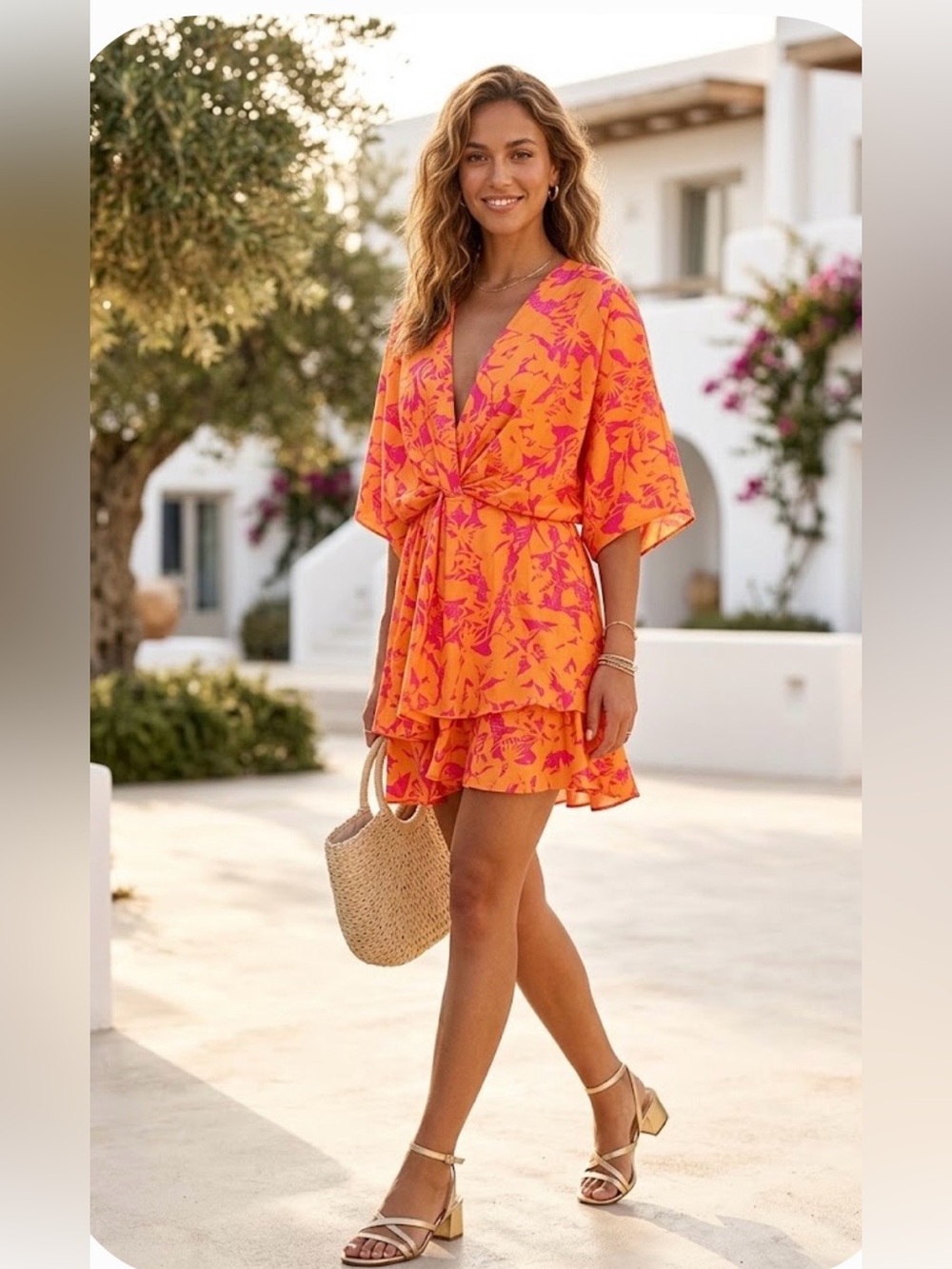 Vibrant Orange & Pink Floral Mini Dress with Tie Waist